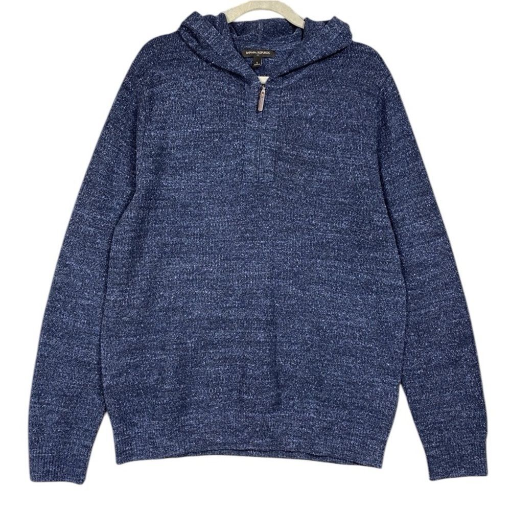 Banana Republic Factory Hooded Knit Sweater Mens Size Large Blue Quarter Zip